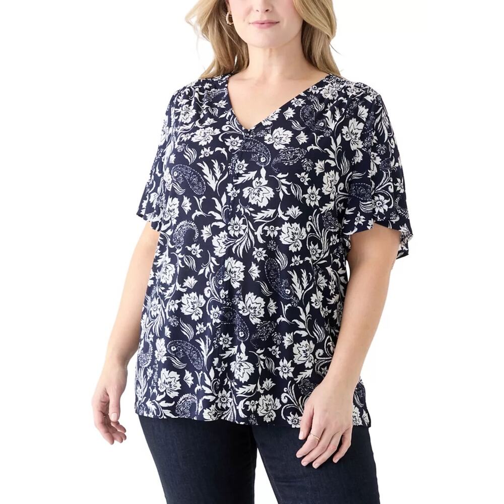 Kim Rogers NWT Women's Blue White Floral Flutter Sleeve Blouse 2X